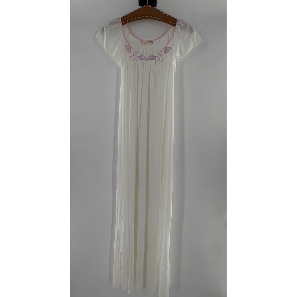 Vintage Aristocraft White Nylon Nightgown Floral Embroidered Maxi Sleepwear S